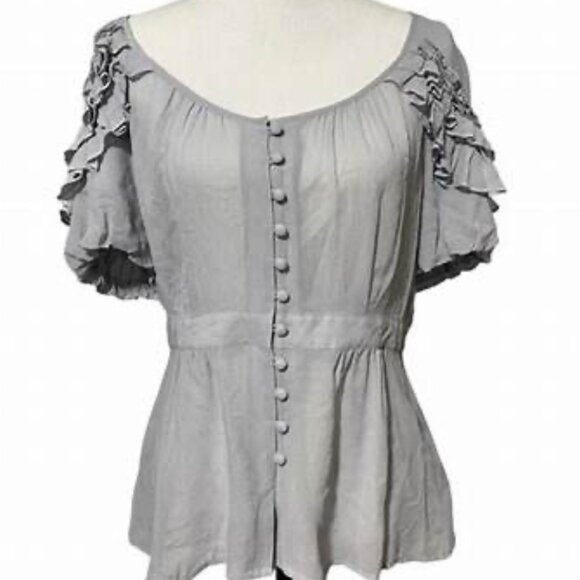 Anthropologie Floreat SZ12 Pale Gray 100% Silk Peplum Top Fairy Cottage Boho Gla - Picture 1 of 14